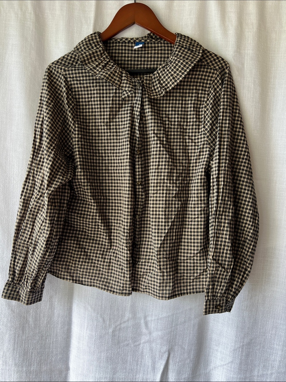 Old Navy Black and Cream Checkered Button-Up Shirt Ruffled Collar